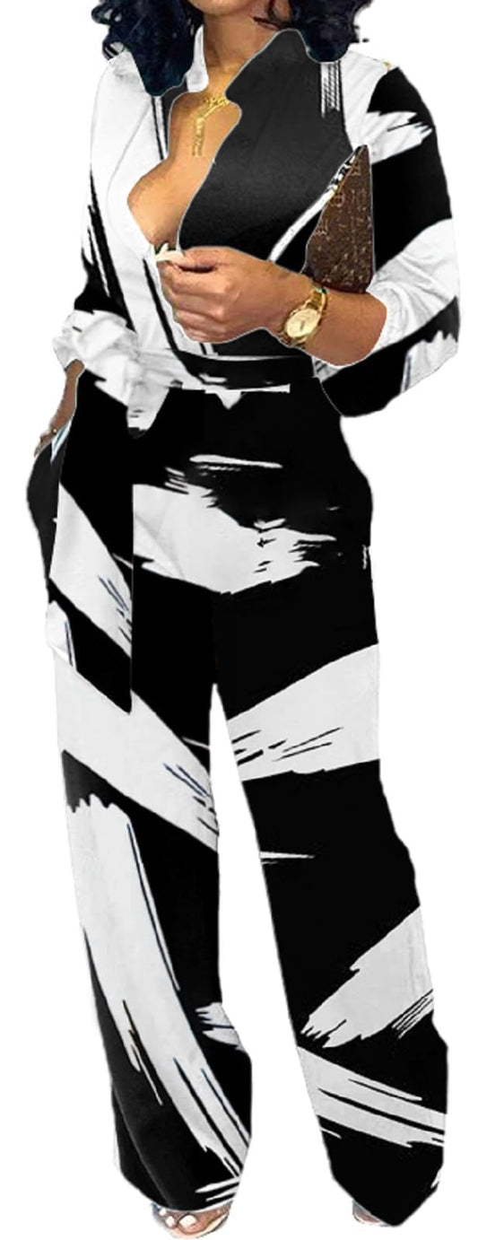 ElegantCasual Button Down V Neck Long Sleeve Sexy Black White Print Strap Straight Long Pants Rompers With Pockets