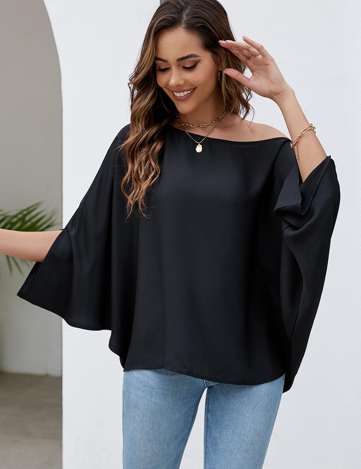 Off The Shoulder Flowy Tops Casual Batwing Sleeves