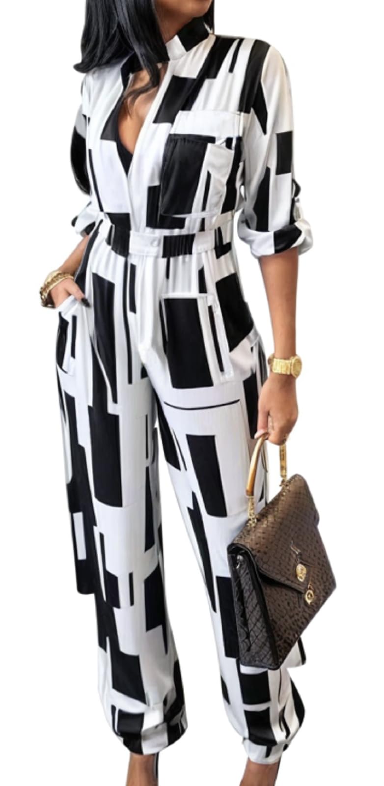 Jumpsuit Elegant Long Sleeve Sexy V Neck Casual Long Wide Leg Pants Button Front Self Tie Romper with Belt