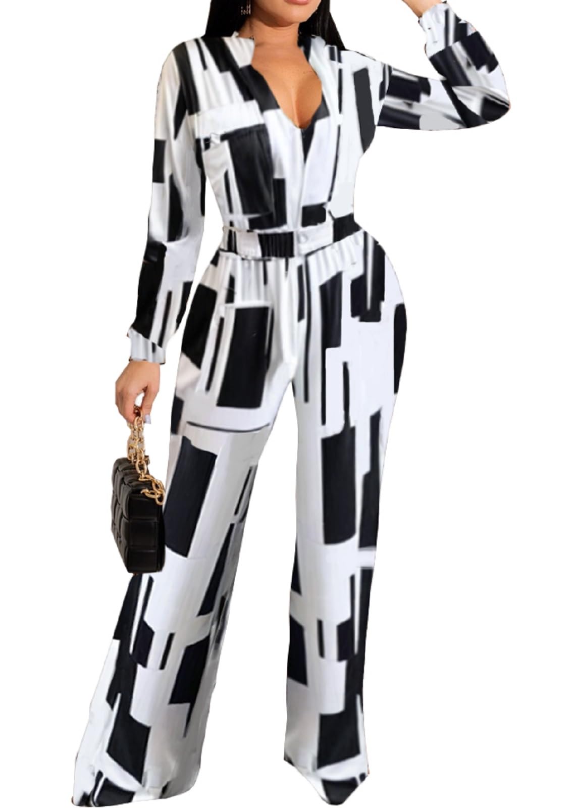 Jumpsuit Elegant Long Sleeve Sexy V Neck Casual Long Wide Leg Pants Button Front Self Tie Romper with Belt