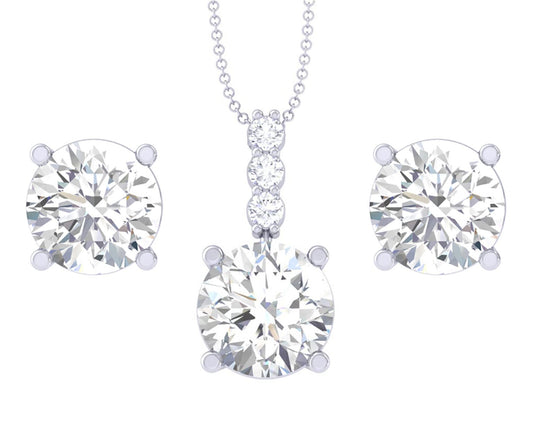 Sterling Silver Round Solitaire Pendant Earring Chain Jewellery Set | Rhodium Plated, Swiss Zirconia