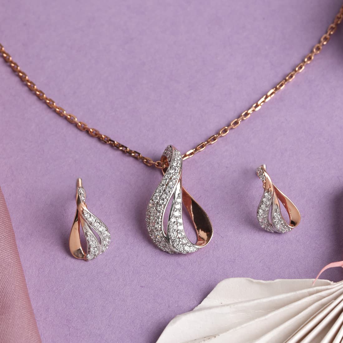 NUDE STITCH Pendant Earring Chain Jewellery Set | Rose Gold