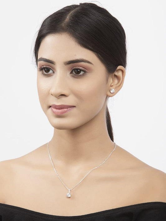 Sterling Silver Round Solitaire Pendant Earring Chain Jewellery Set | Rhodium Plated, Swiss Zirconia