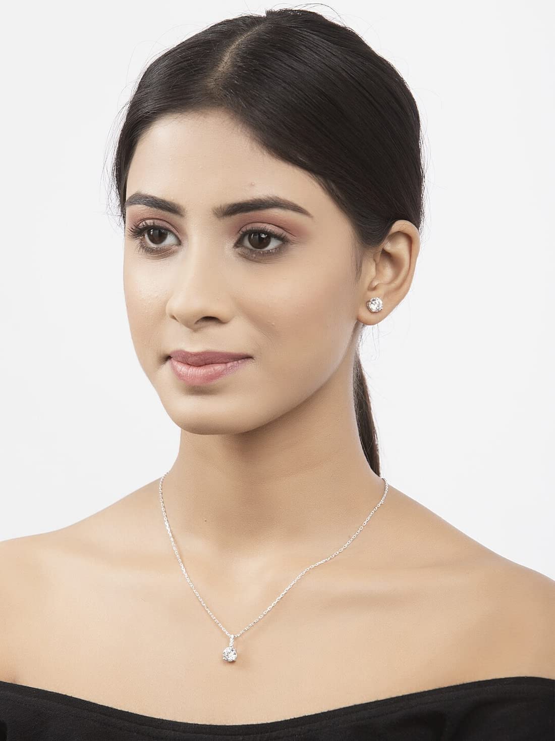 Sterling Silver Round Solitaire Pendant Earring Chain Jewellery Set | Rhodium Plated, Swiss Zirconia