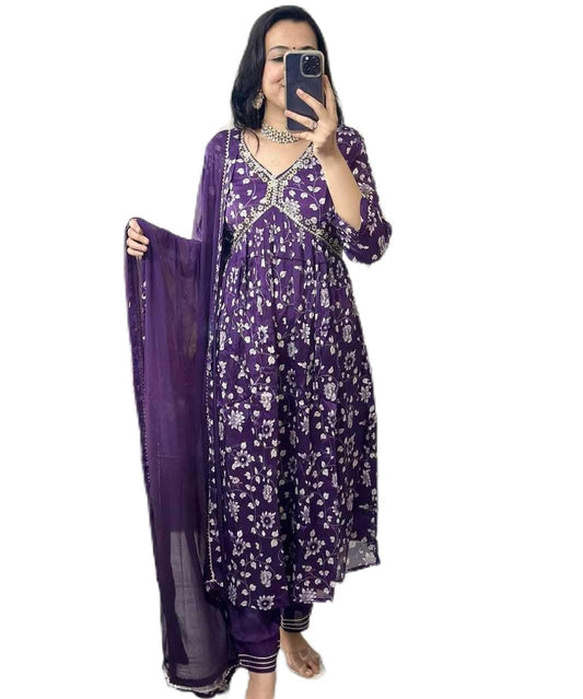 Flower Printed Alia Cut Kurti Pant and Dupaata Set