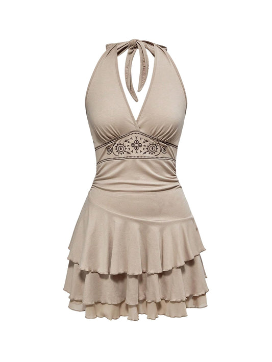 Summer Halter Backless Mini Dress Flowy Sleeveless V Neck Tie Back A Line Western Casual Sun Dresses