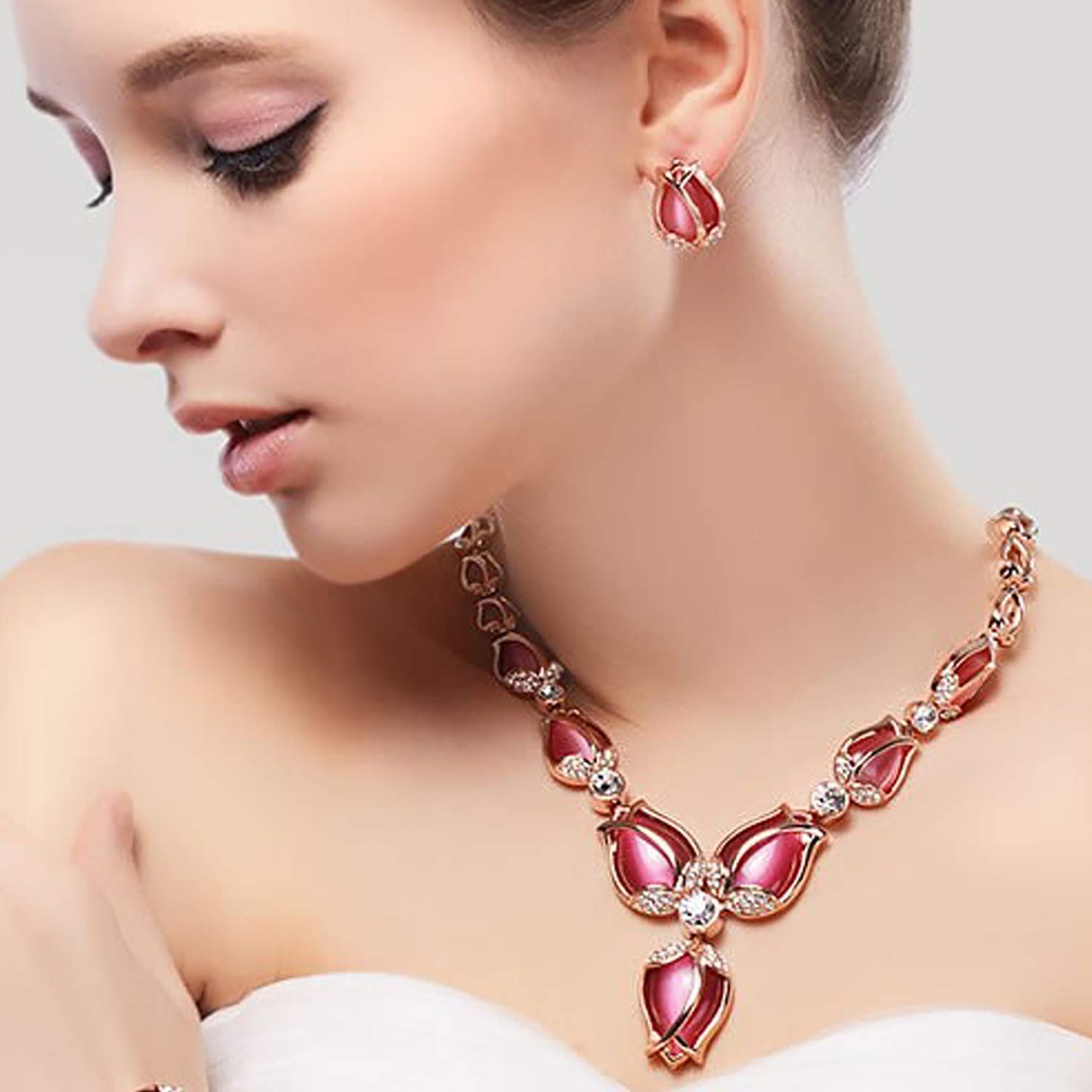 Latest Stylish Rose Gold Tulip Design Earrings Necklace Jewellery Set