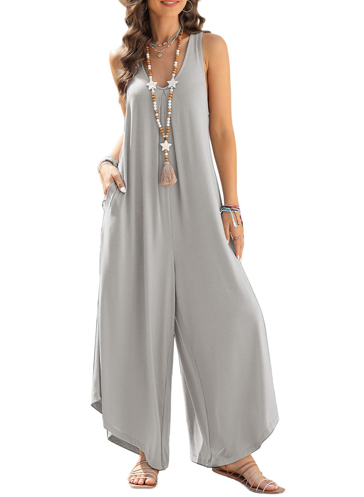 Casual Loose Fitting Wide Leg Romper Summer Sleeveless V Neck Ruched Stretchy