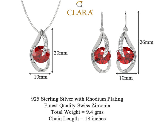 Sterling Silver Blood Red Eye Pendant Earring Chain Jewellery Set | Rhodium Plated, Swiss Zirconia