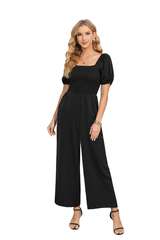 Jumpsuits for Women Dressy, casual Loose Romper with Short Sleeve, Smocked High Waist Wide Leg Pants Outfits