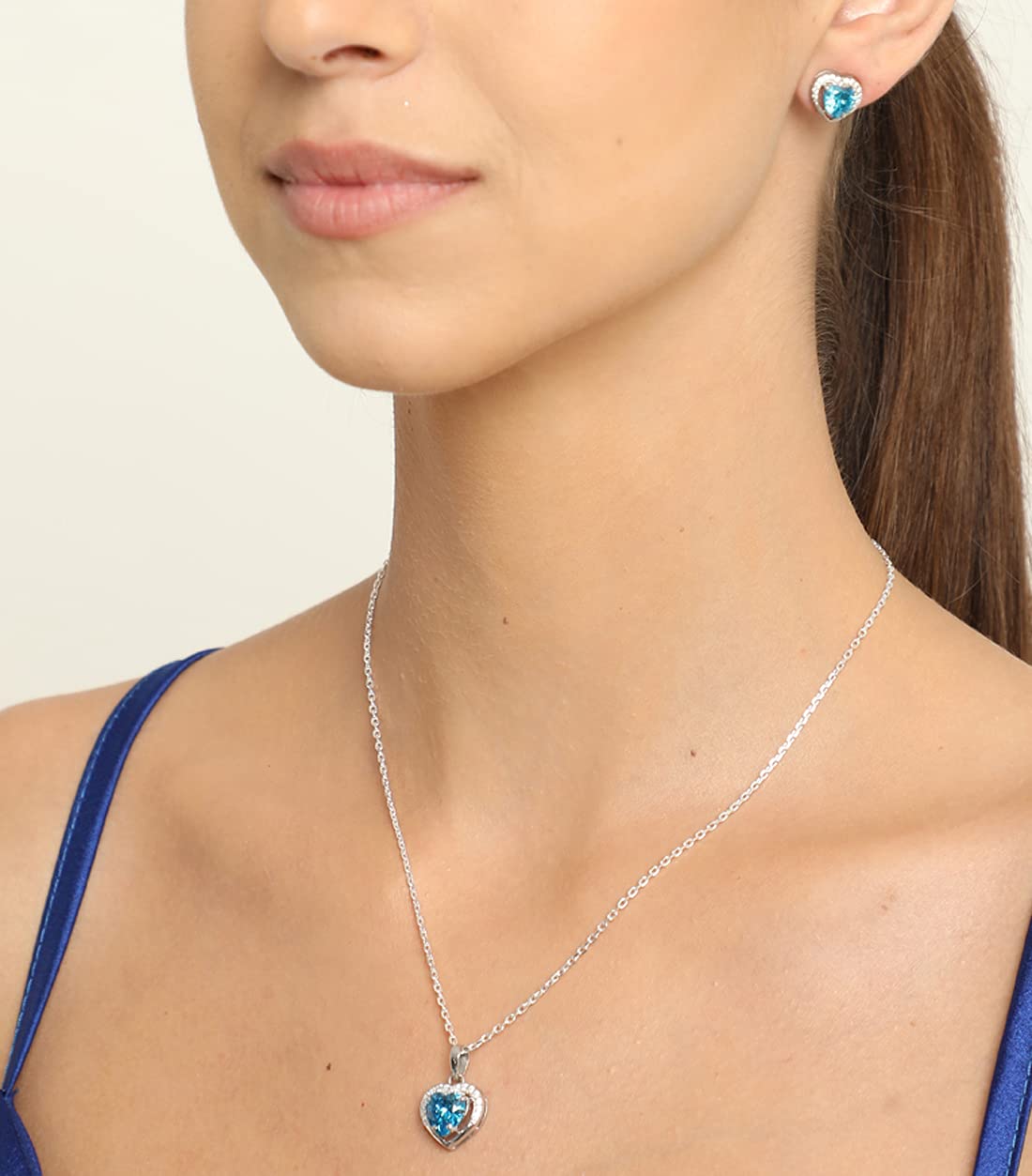 Sterling Silver Sky Blue Heart Pendant Earring Chain Jewellery Set | Rhodium Plated, Swiss Zirconia