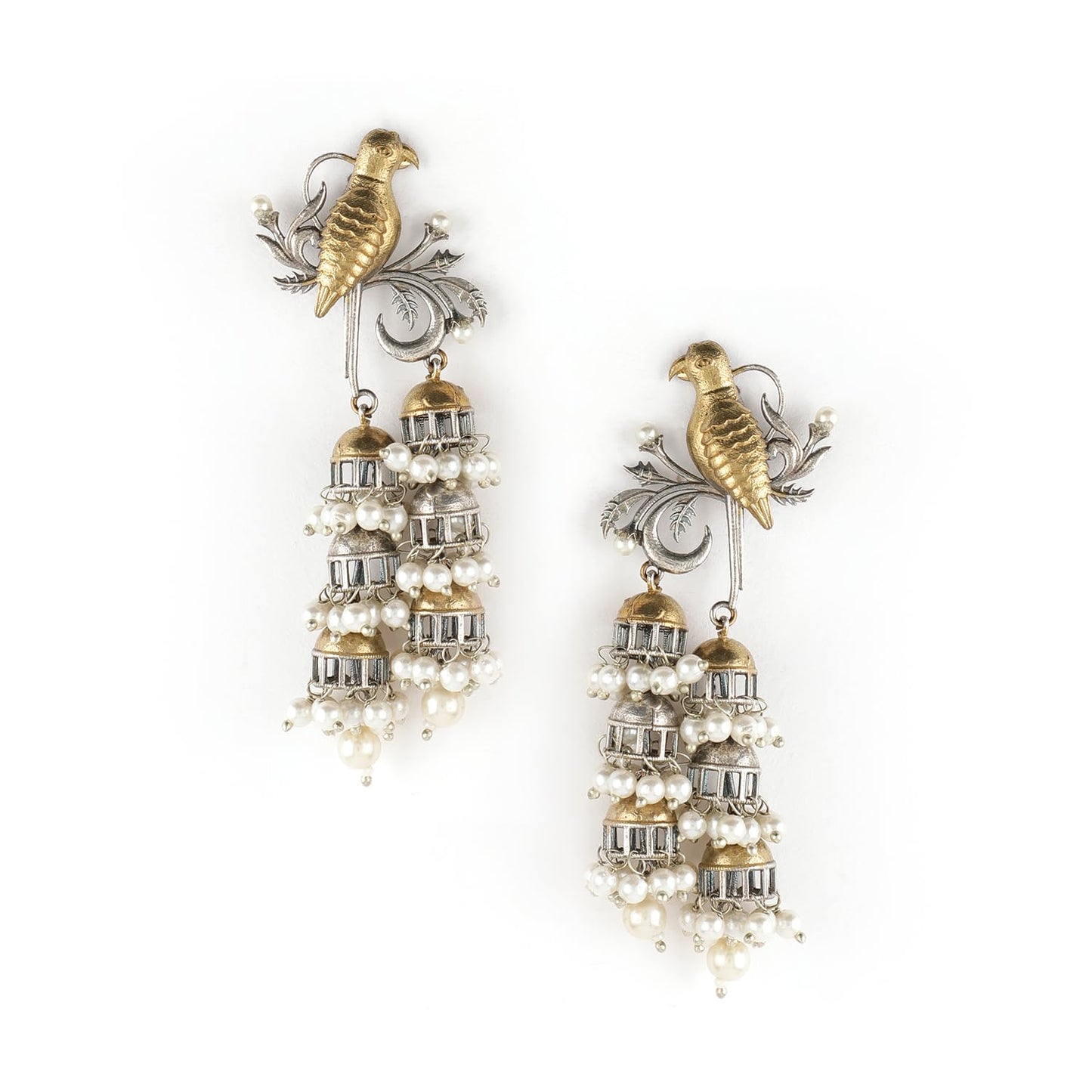 Latest Oxidized Rhodium Plated White Pearl & Birds Design Handcrafted Trendy Multi Jhumka Earrings