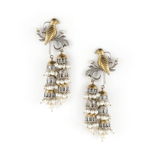 Latest Oxidized Rhodium Plated White Pearl & Birds Design Handcrafted Trendy Multi Jhumka Earrings