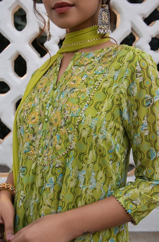 Green Flowy Anarkali Embroidered Kurti Top Tunic Kurta Set with Dupatta