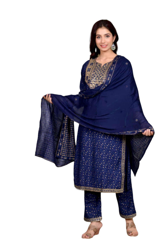 Ethnic Wear Rayon Straight Embridered Kurti Pant Set with Dupatta