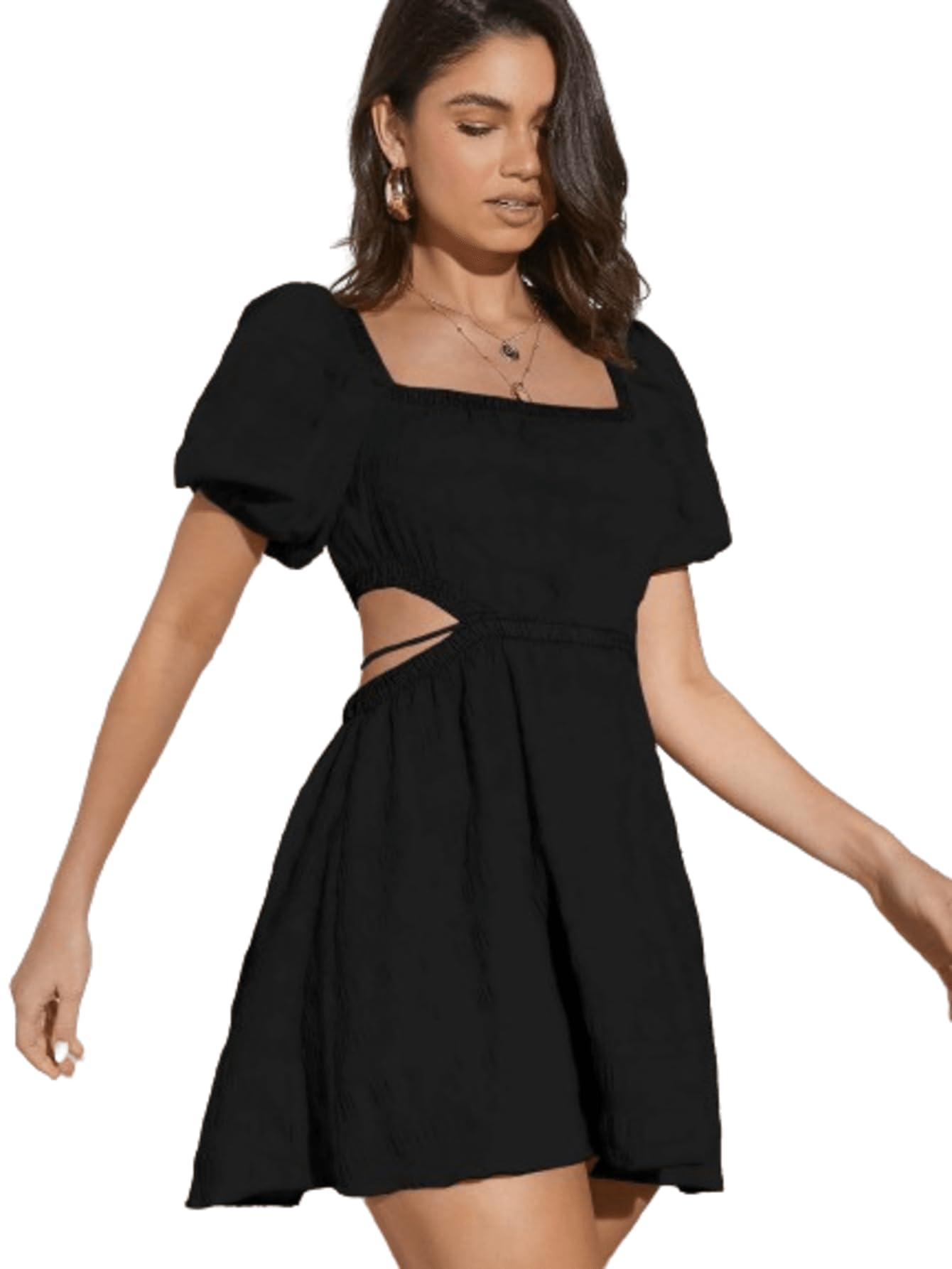 Aahwan Solid Summer Beach Square Neck Puff Sleeve Cut Out Waist Black Fit And Flare Mini Dress for Women's & Girls (263-Black-Medium)