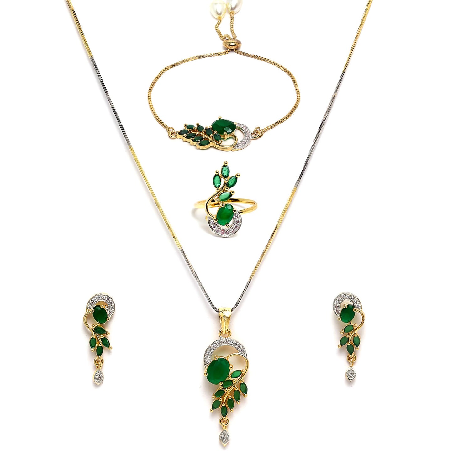 American Diamond Gold Plated Traditional Style Necklace Pendant Set, Ring, Bracelet with Earring Jewellery
