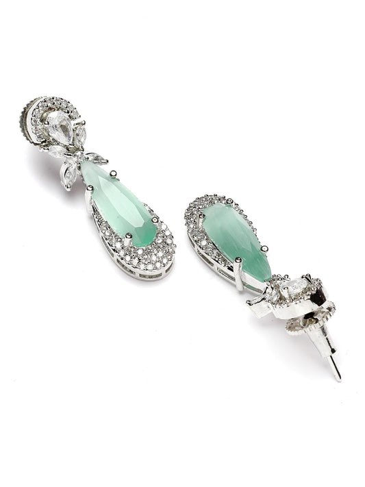 Silver Tone Blue Drop Shape American Diamond Studded Jewellery Set for Women