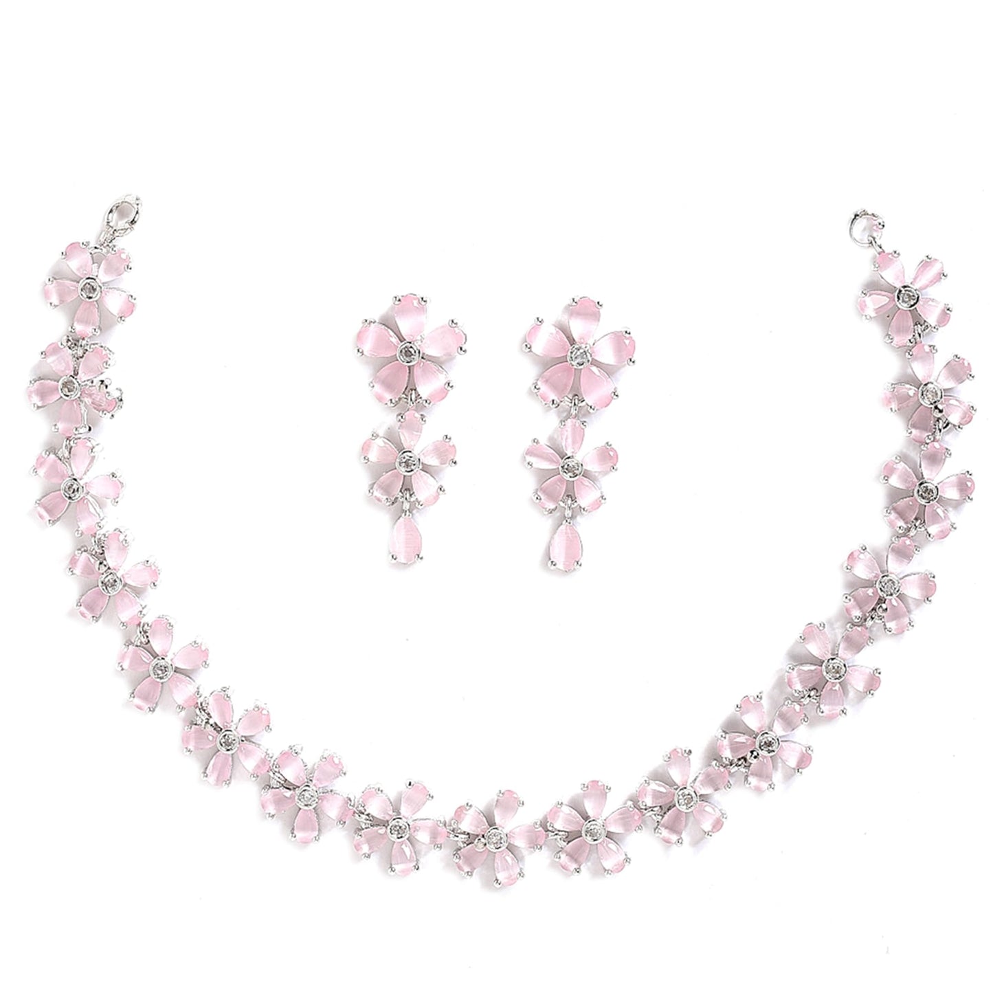 Rhodium Plated Silver Toned White American Diamond Studded Flower Shaped Jewellery Set For Girls and Women