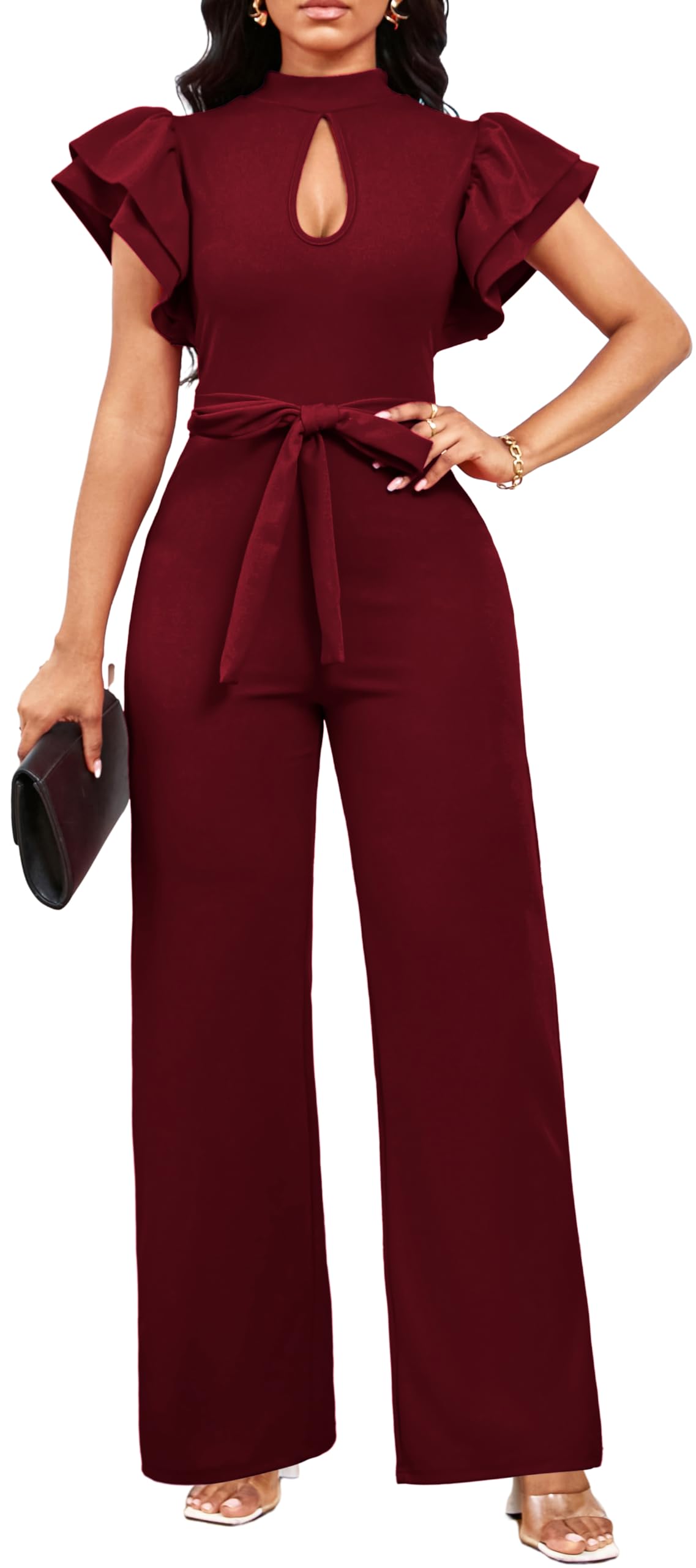 Burgundy Jumpsuits Cocktail Short Sleeve Long Straight Pants