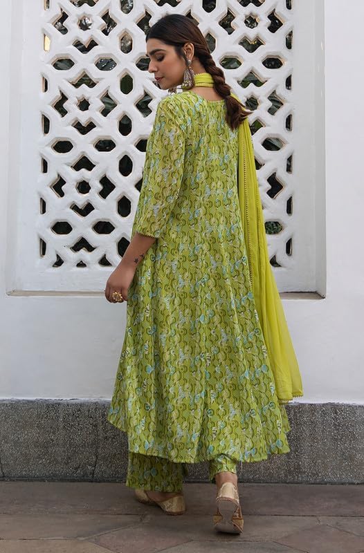 Green Flowy Anarkali Embroidered Kurti Top Tunic Kurta Set with Dupatta