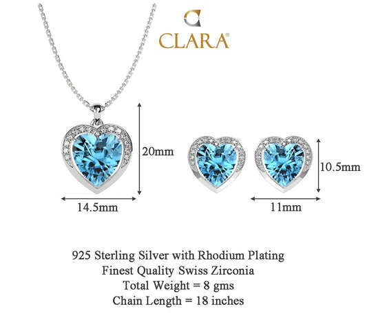 Sterling Silver Sky Blue Heart Pendant Earring Chain Jewellery Set | Rhodium Plated, Swiss Zirconia