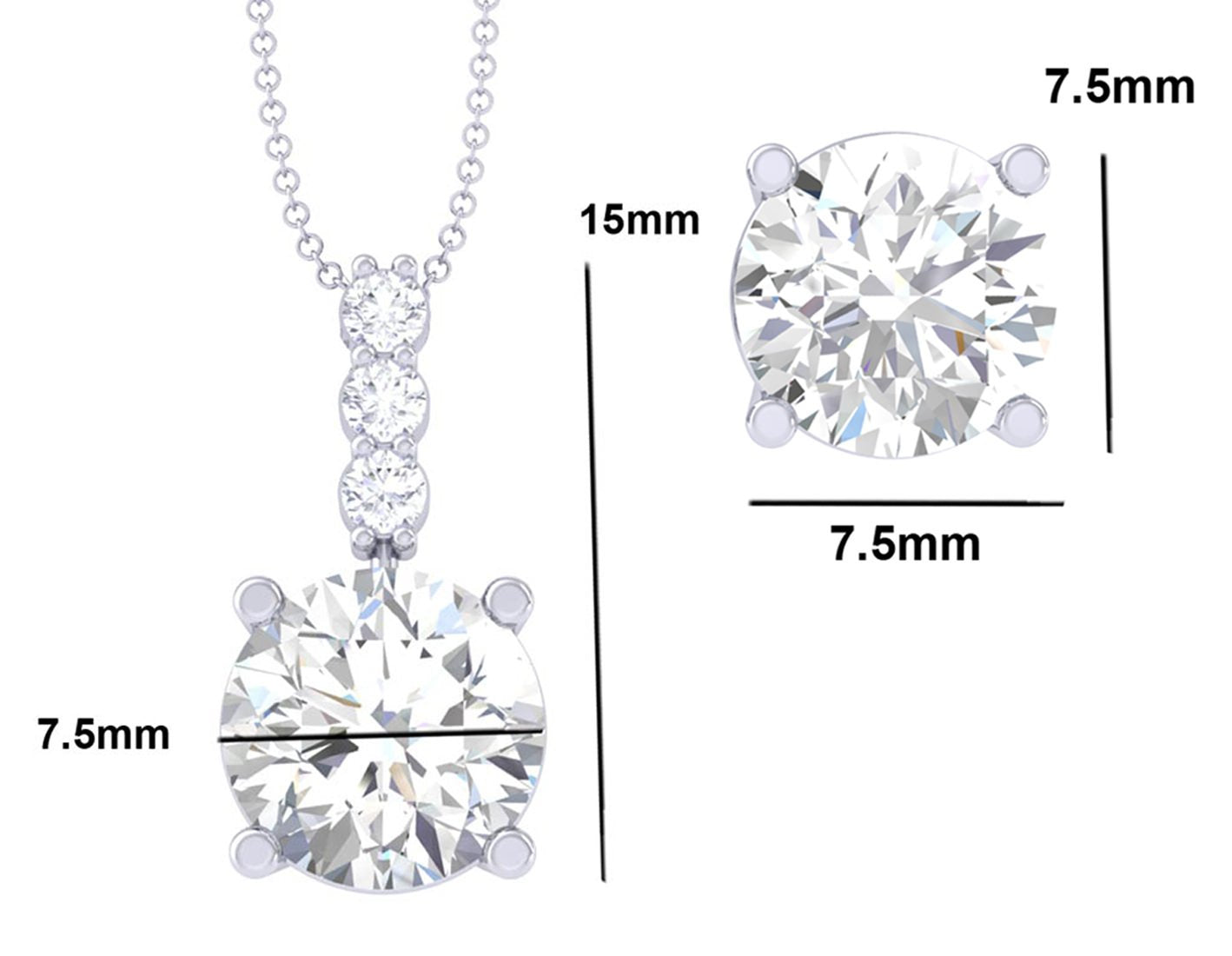 Sterling Silver Round Solitaire Pendant Earring Chain Jewellery Set | Rhodium Plated, Swiss Zirconia