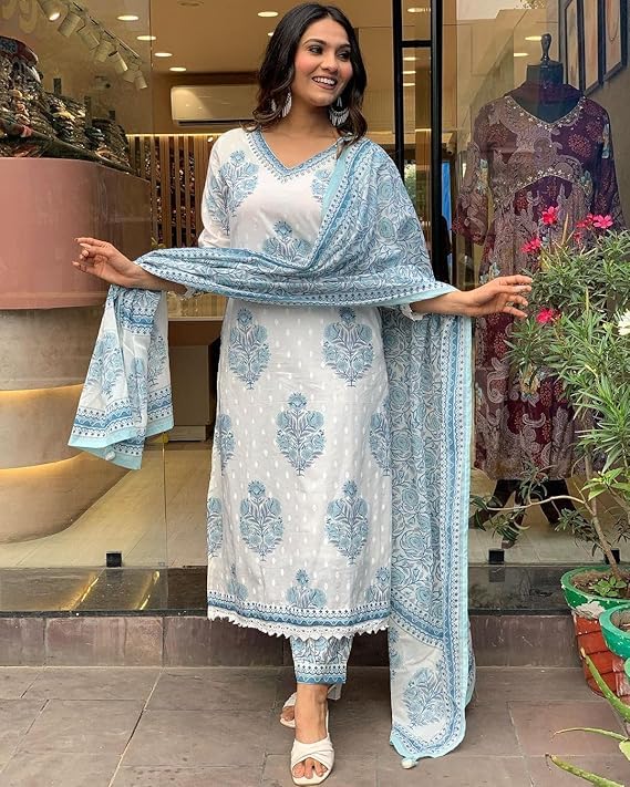 Cotton Indigo Hand Block Printed Kurta Pant With Dupatta