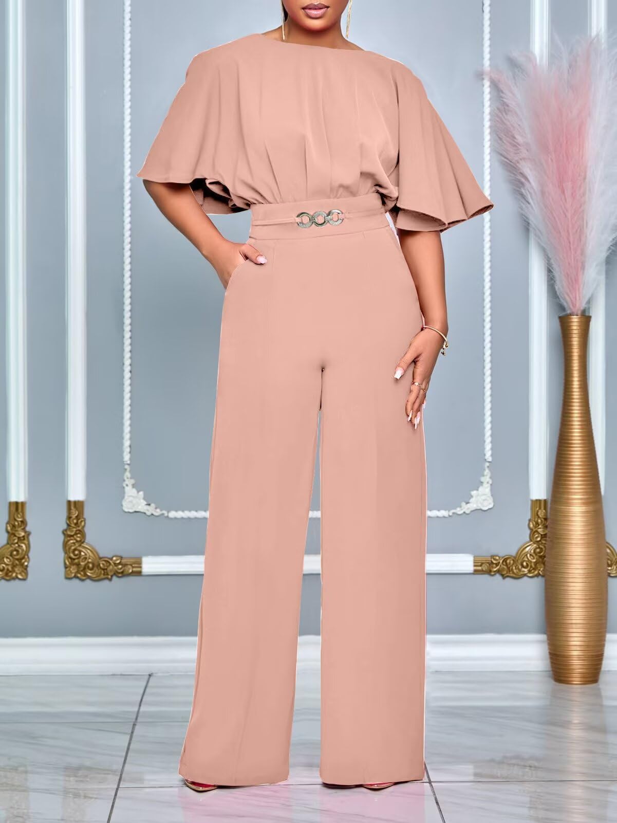 Elegant Jumpsuit for Women  Wide Leg Pant Suit One Piece Party Outfits Heather Pink