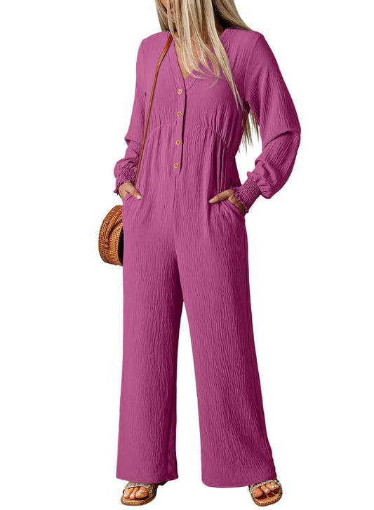 V-Neck Buttons Long Sleeve High Waist Wide Leg Jumpsuits Loose Long Pants Rompers with Pockets Rose Large