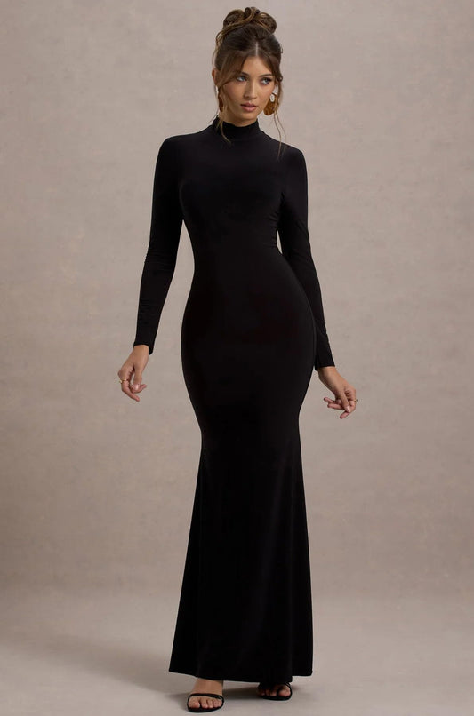 High Neck Full Sleeve Full Length Bodycon Dress for Women Black, Small