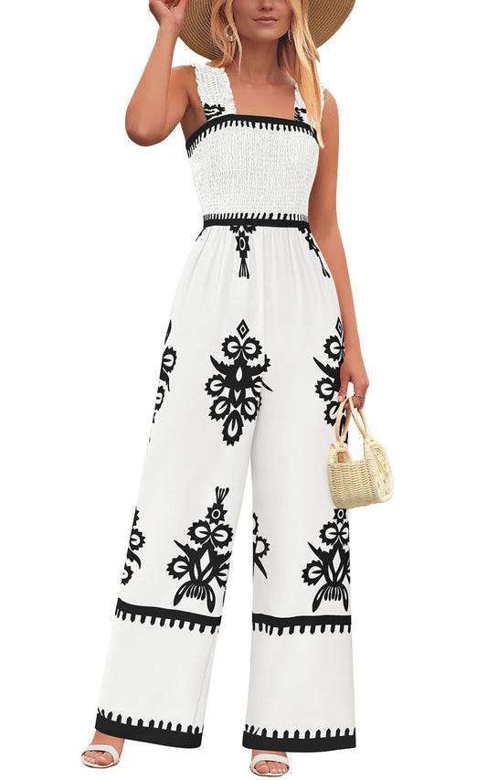 One PieceSummer Outfits Shirred Strap Wide Leg Long Pants Rompers With Pockets