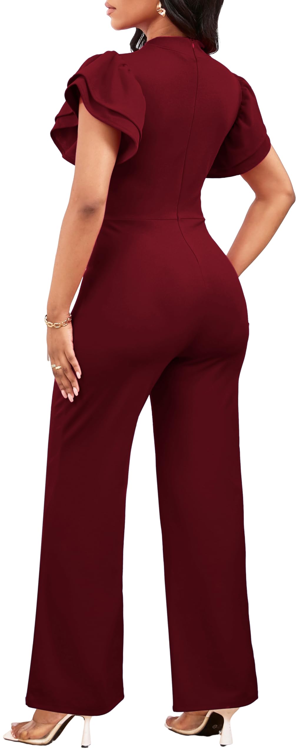 Burgundy Jumpsuits Cocktail Short Sleeve Long Straight Pants