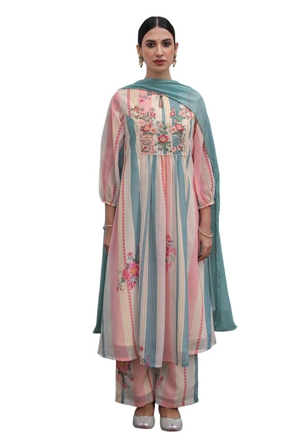 Cream Flowy Embroidered Kurti Festive Wedding wear Kurta Set with Dupatta