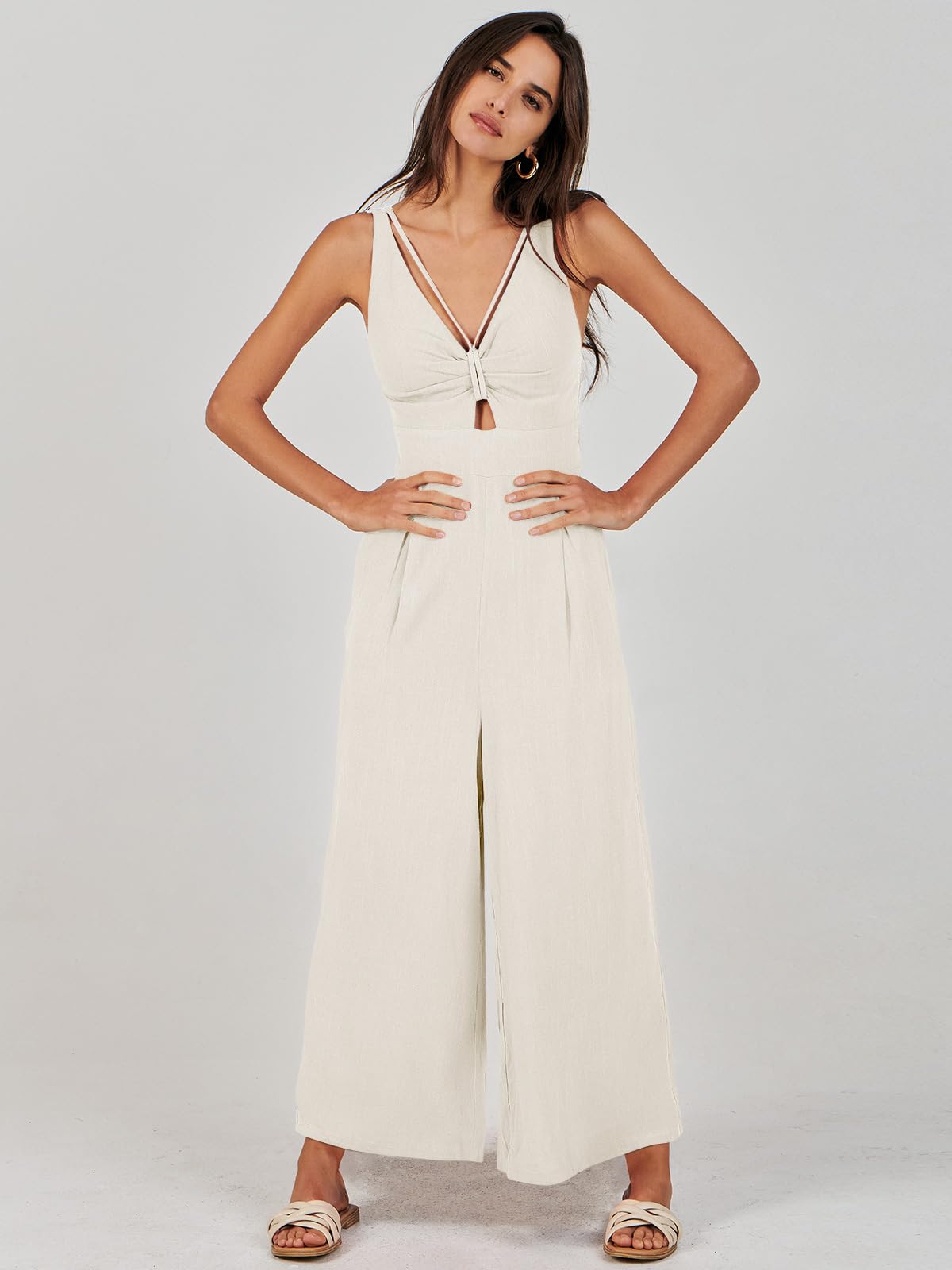 Wide Leg Sleeveless V Neck Casual Dressy Linen Pants
