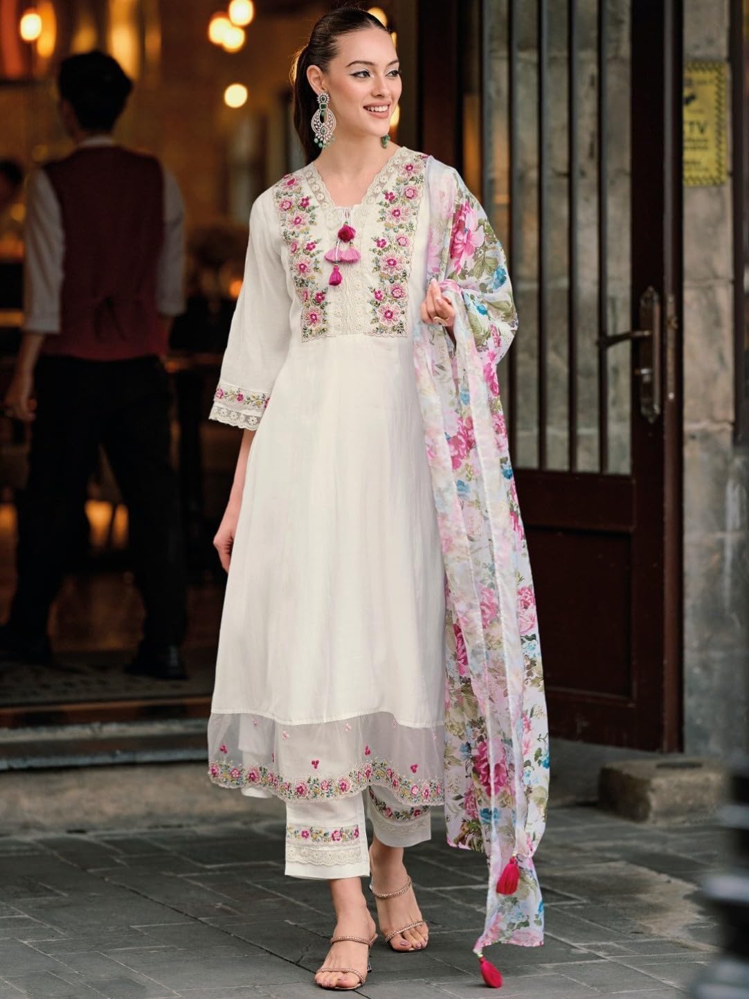 kurta set dupatta Viscose Silk Embroidery A-line Kurta Pant Salwar Suit Set Full iner Kurta Set