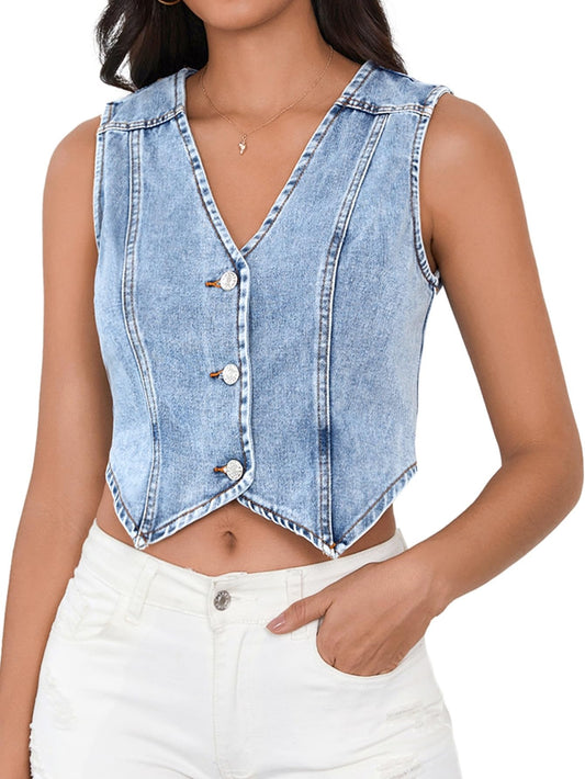 Denim Vest Button Down Sleeveless Jean Vest Top Cropped Denim Jacket Country Fashion Western Clothes