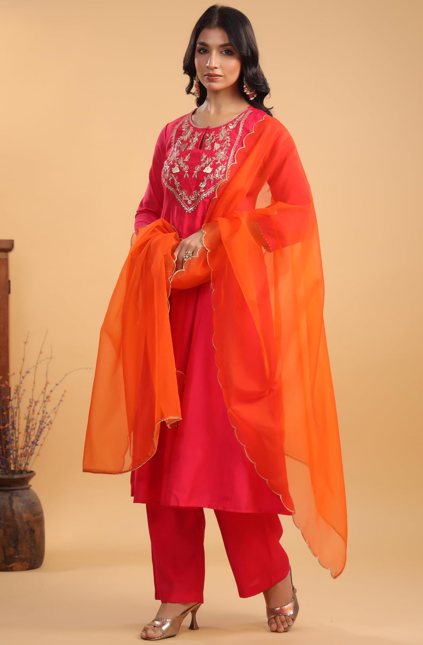 Anarkali Pink Yoke Embroidery Festive Calf Length Kurti Set