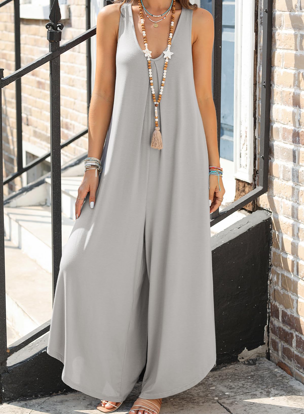 Casual Loose Fitting Wide Leg Romper Summer Sleeveless V Neck Ruched Stretchy