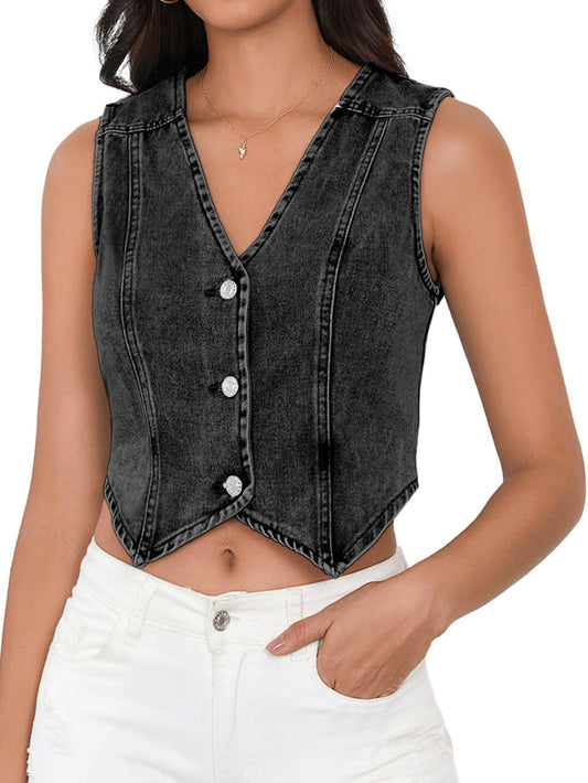 Denim Vest Button Down Sleeveless Jean Vest Top Cropped Denim Jacket Country Fashion Western Clothes