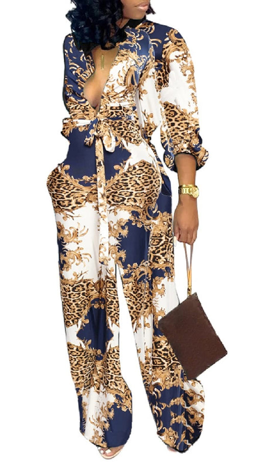Floral Leopard Jumpsuits Long Sleeve Long Straight Pants with Pockets Belt