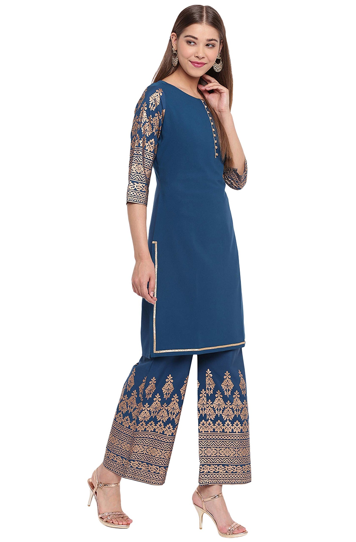 Teal Embellished Kurta Kurti Top Tunic Festive Wedding Party wear Kurta with Bottom