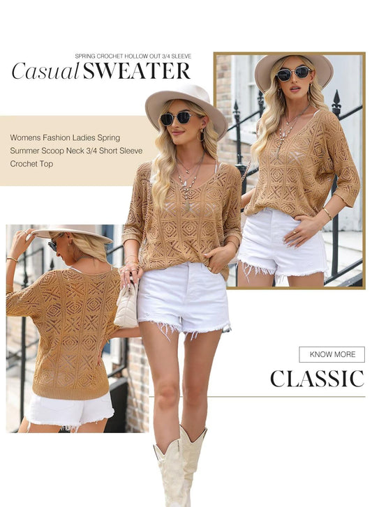 Women's 2025 Spring Summer Crochet Hollow Out 3/4 Sleeve Pullover Sweater Off Shoulder T-Shirts