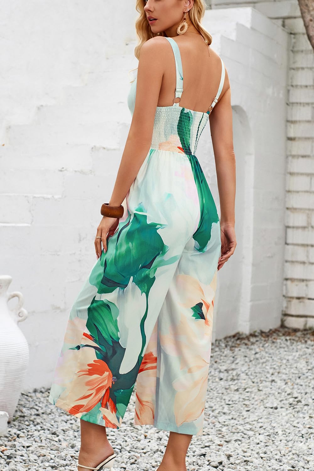 V Neck Keyhole Elegant Backless Tropical Floral Print Wide Leg Jumpsuit
