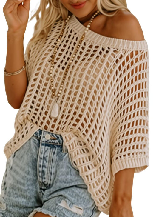 Summer Scoop Neck Short Sleeve Sweater Casual Crochet Hollow Out Knit Tops Pullover Shirts Beach Coverup