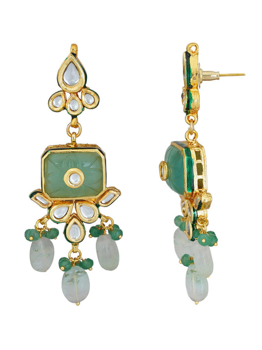 Elegant Long Kundan Necklace with Mint Quartz Beads-Bollywood Style