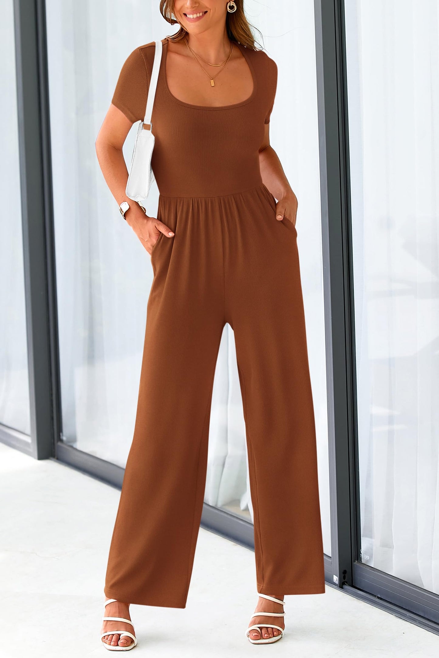 Dressy Casual Short Sleeve Square Neck Wide Leg Jumpsuit Rompers
