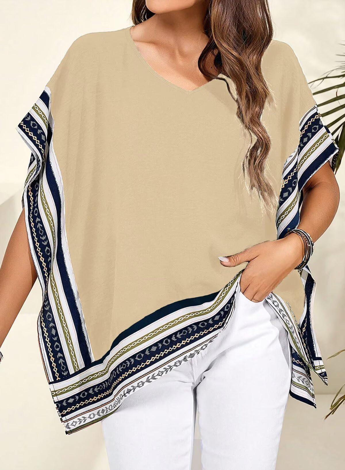 Women's Casual V Neck Floral Tops Batwing Sleeve Loose Fitting Shirts  Flowy Side Slit Tees