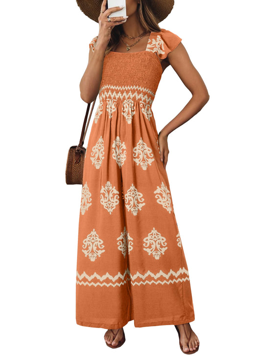 Summer Floral Print Maternity Jumpsuit Loose Fit Wide Leg Long Pant Womens Jumpers and Rompers with Pockets Fashion 2025 Orange Large