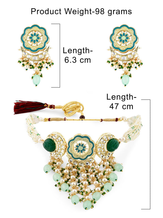 Turquoise Blue & Green Meenakari Cascading Waterfall Beads Necklace Earring & Ring Set For Women